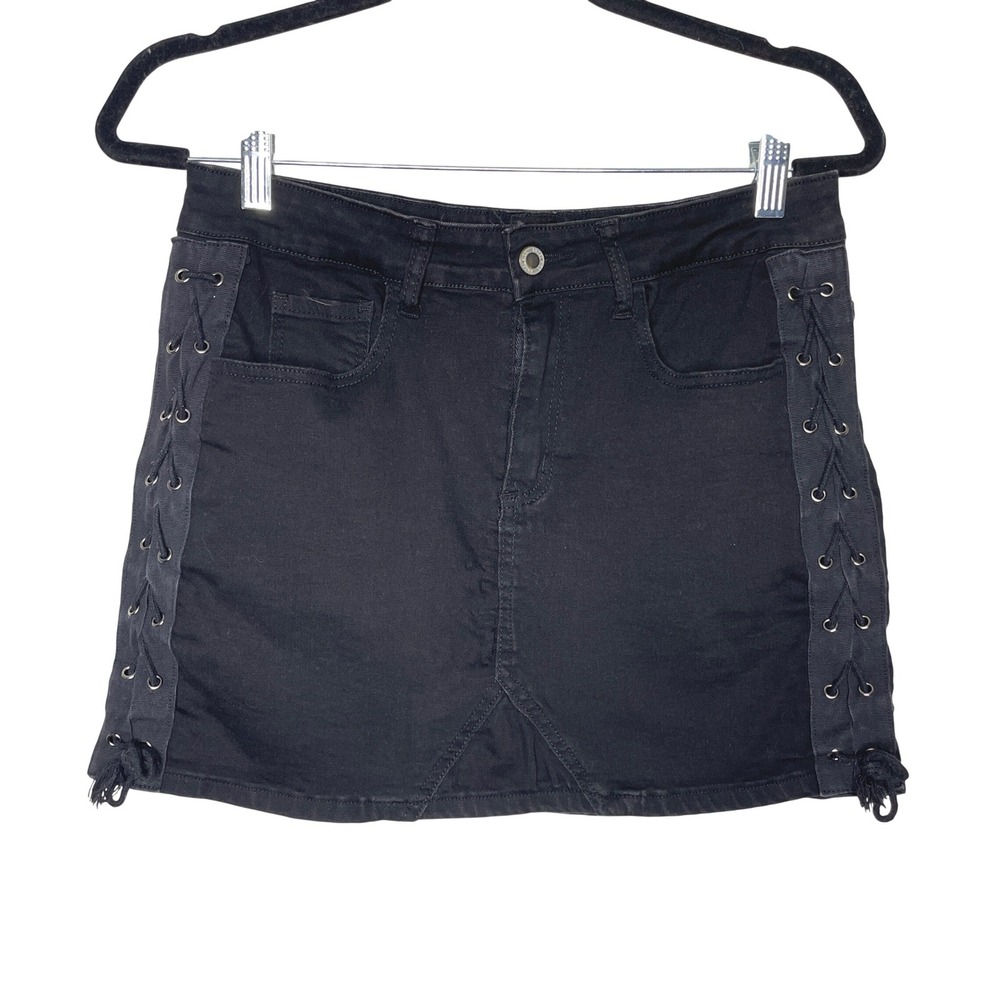 Angel Kiss Denim Mini Skirt Womens L Black Lace Up Side Grommet Goth Grunge Edgy